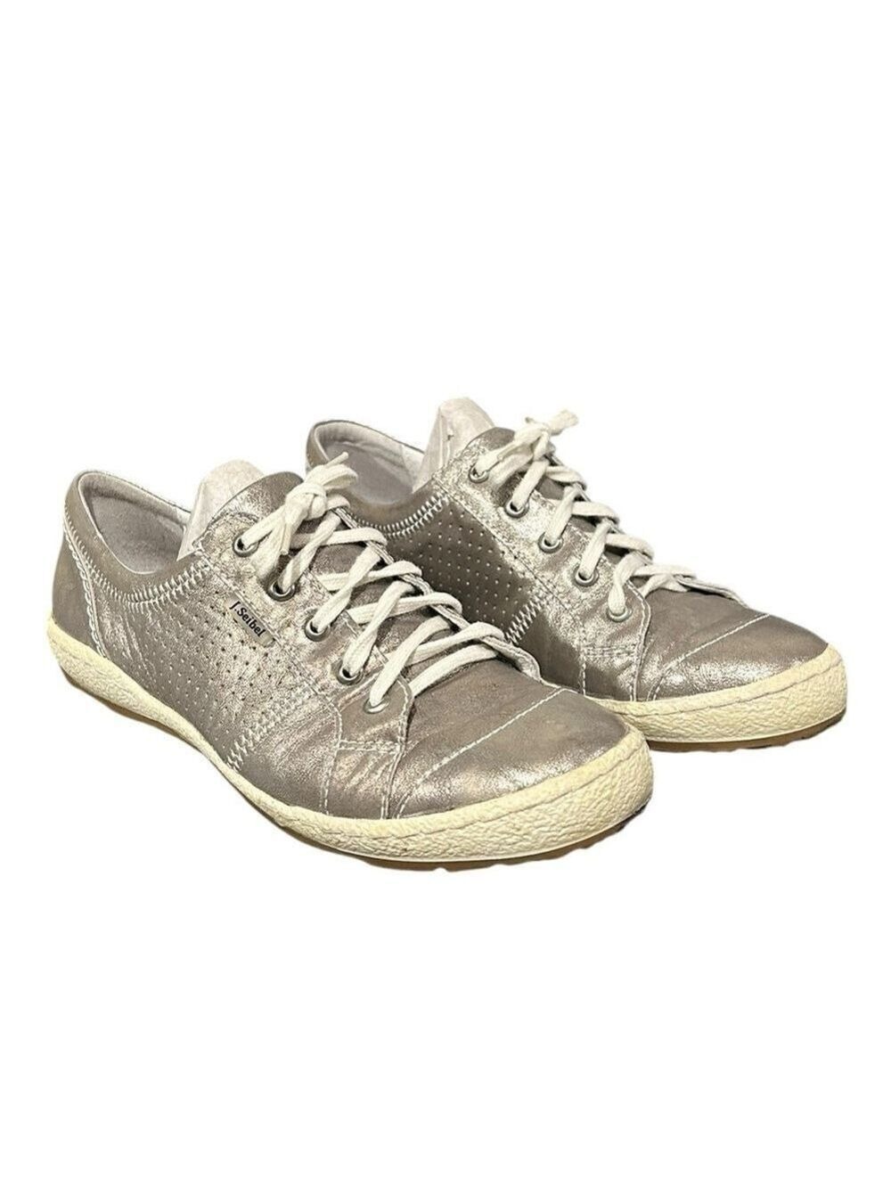 JOSEF SEIBEL Caspian Metallic Silver Pewter Leather Lace Up Comfort Sneakers 38